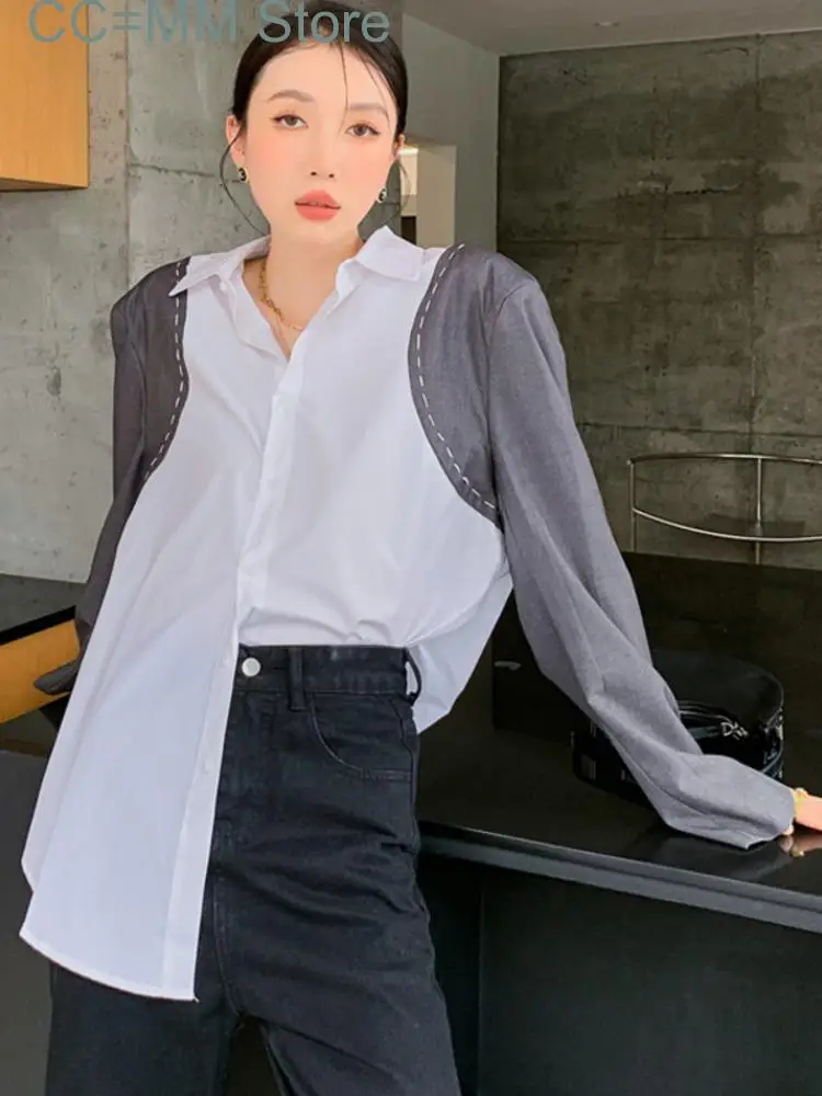 Новинка, Женская Весенняя однобортная свободная универсальная рубашка в стиле пэчворк с контрастным отложным воротником