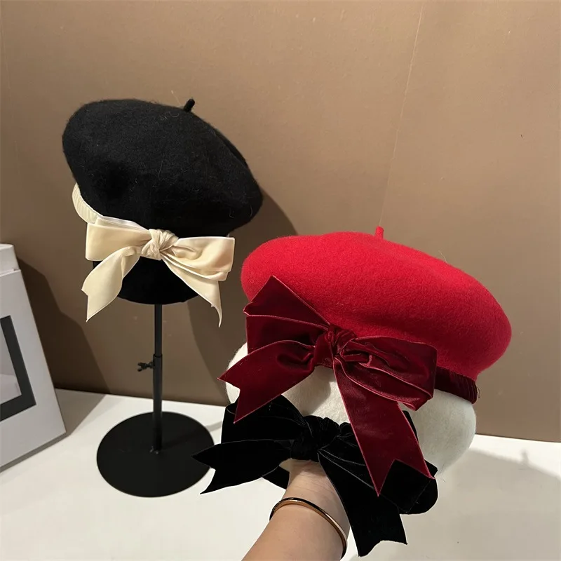 

202211-xx chic dropshipping winter velvet bowknot wool felt sweet lady beret hat women Leisure painter hat