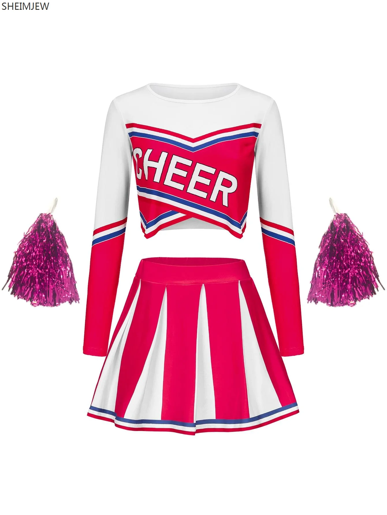 Costume Da Cheerleader Per Donna: Vestito Con Pompon, Calze E Fiocco Per Capelli, In Misto Poliestere-cotone, Per Halloween E Feste Sportive