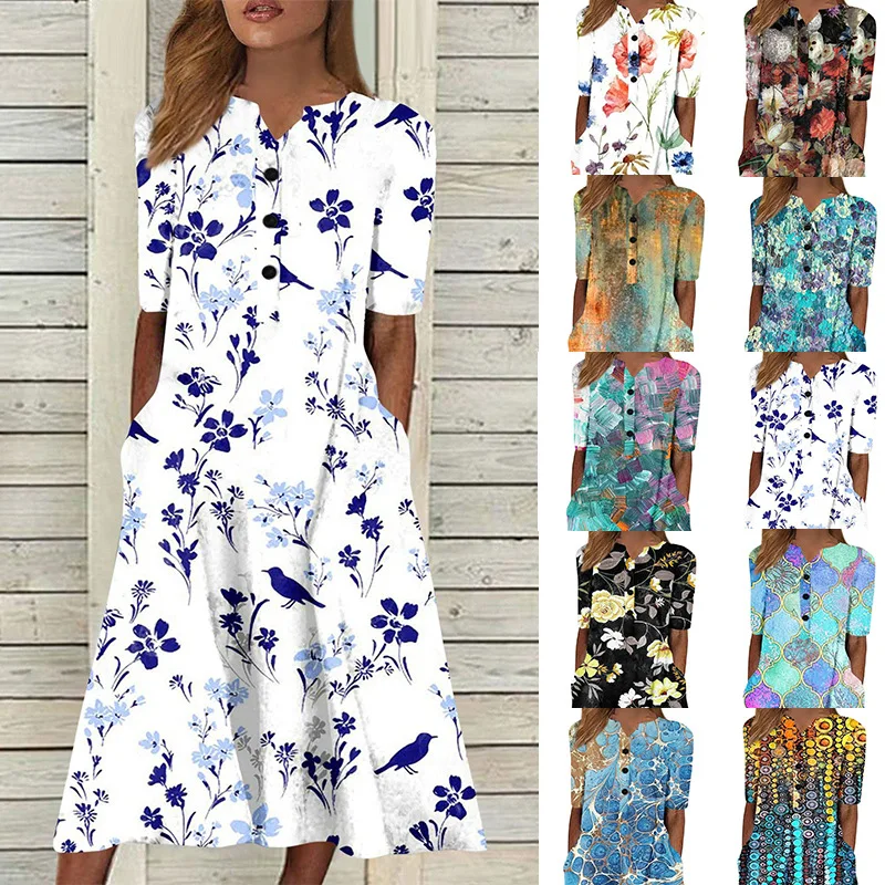 Floral Print V Neck Short Sleeve Knee Length Dress for Women