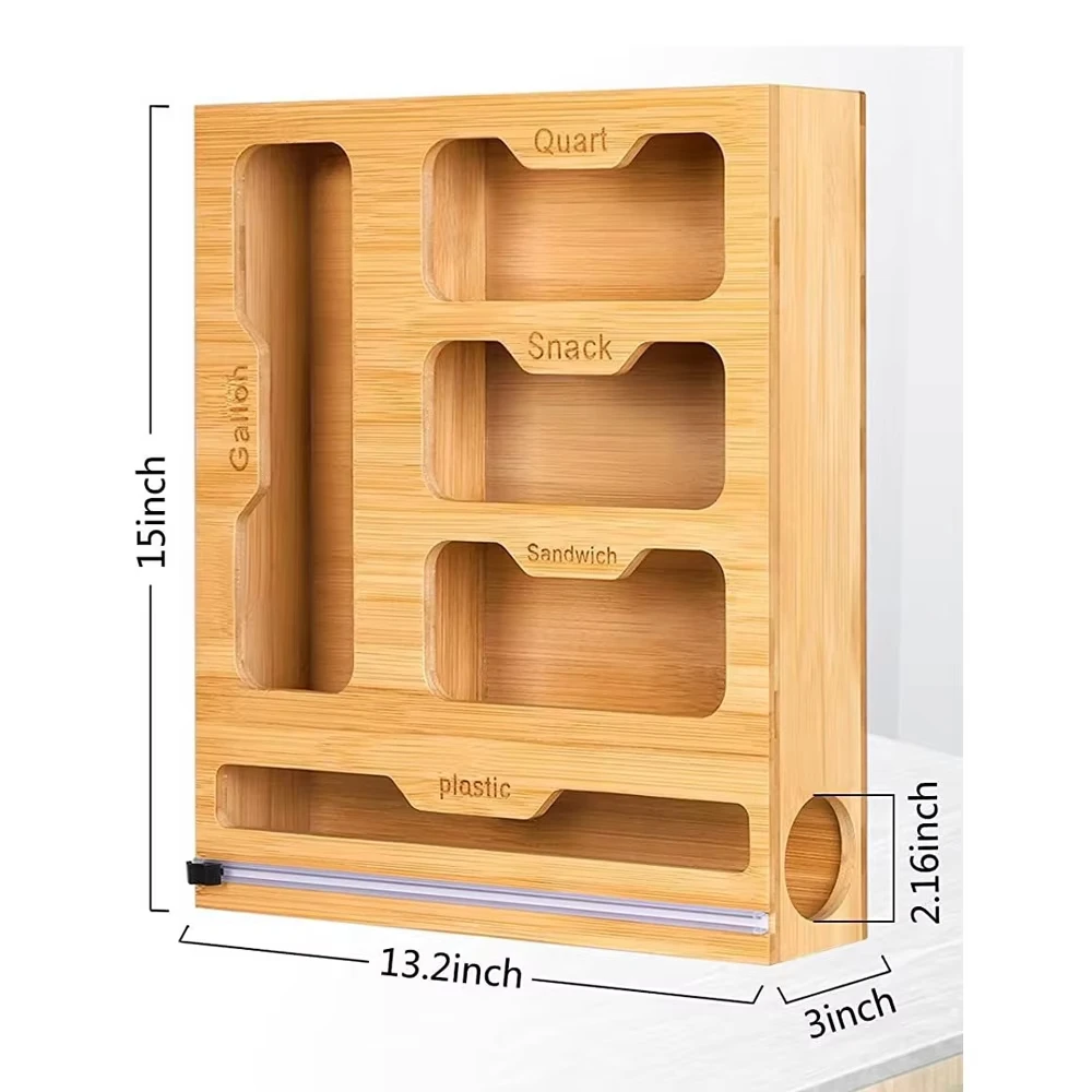 Bamboo Ziplock Food Bag Holder Compatible Wall Storage Racks Kitchen Storage Shelf Plastic Wrap Organizer Dispenser With Cutter 5