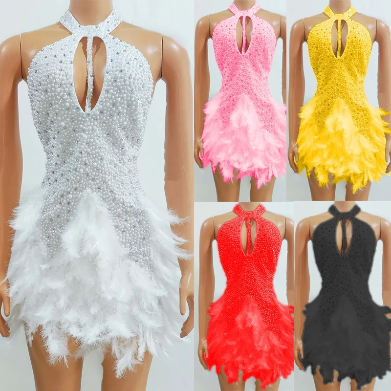 

Женское платье с искусственными перьями, 5 цветов, женское вечернее платье с жемчугом, праздничный костюм певицы, сценический танцевальный костюм Gogo XS7386