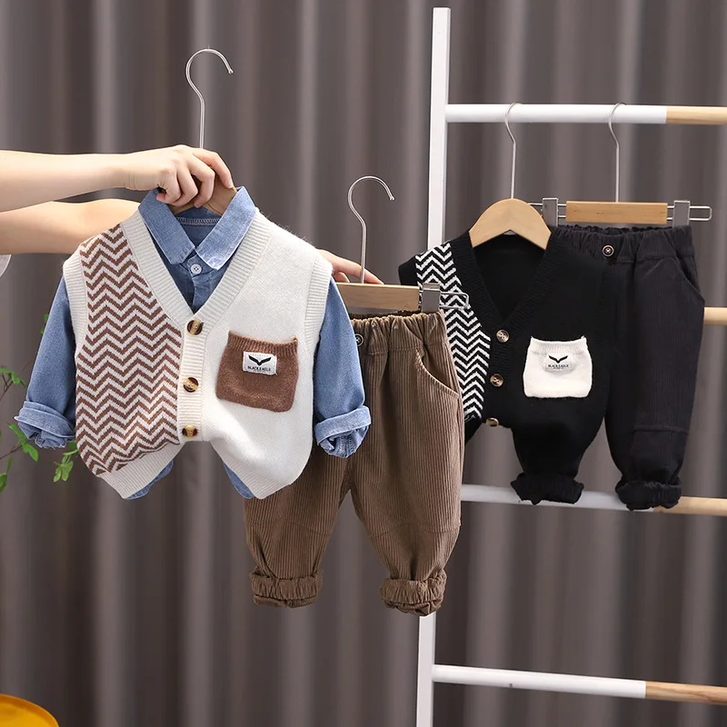 

Autumn New Boys' Set Autumn Children's Knitted Vest Denim Shirt Three Piece Set Children's Spring and Autumn Fashion Casual Set