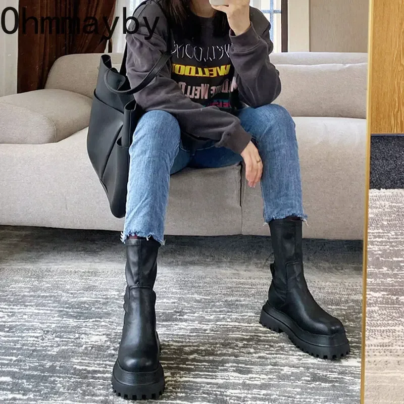 Women Knee High Boots Winter Chunky Platform Heels Round Toe Zipper Thick Sole Ladies Fashion