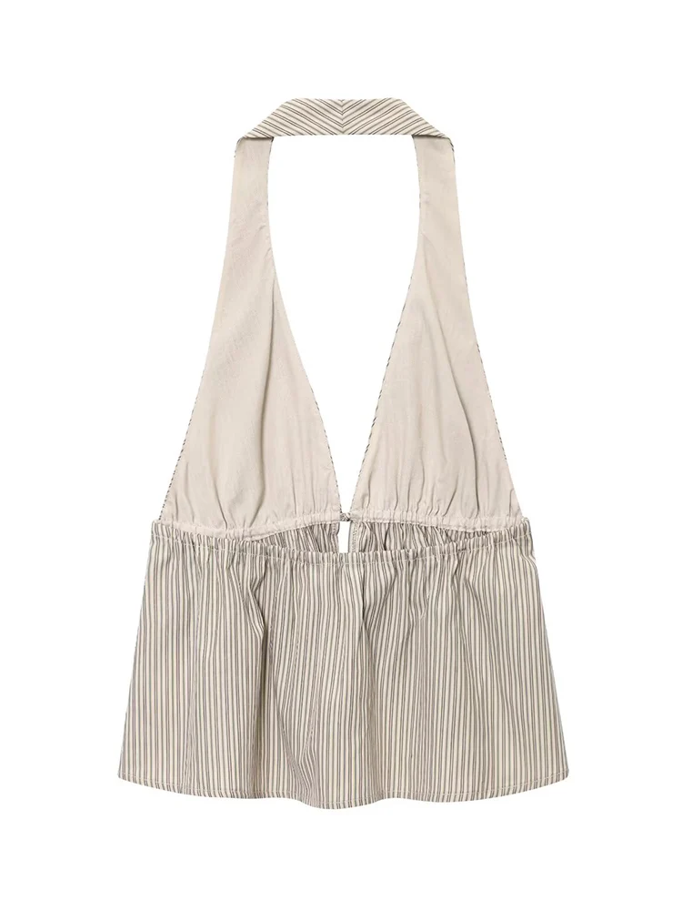 TFMLN Women Fashion Halter Tops Simple Causal Slim Fit  Vest Sexy Striped Backless Deep V-Neck Chic New Summer Halter Tops