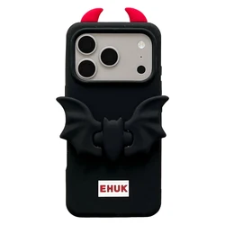 Cute 3D Cartoon Devil Bat Wings Phone Case with Bracket - Soft Cover - iPhone 14 Pro (Black)
