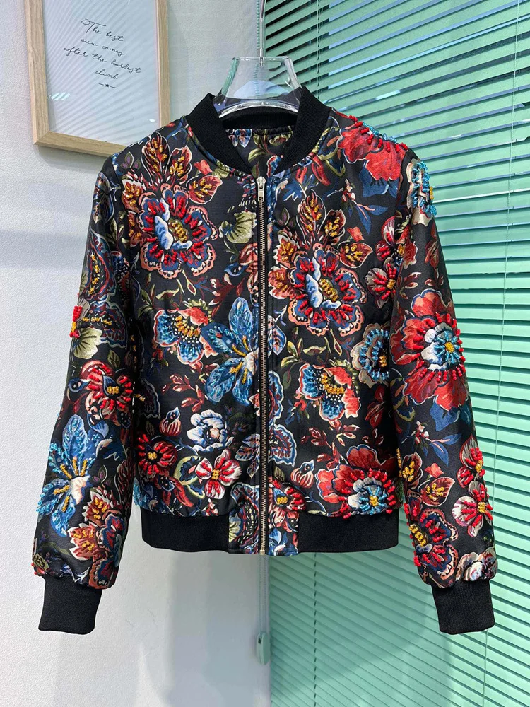 

Jacquard Emboss Jackets Autumn Winter Women Flower and Beading High Street O-Neck Long Sleeve Short Outwear