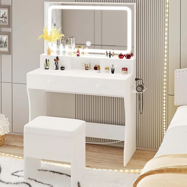 Black Makeup Vanity Set Dressing Table with Sliding LED Lighted Mirror  Power Strip and Hair Dryer Holder, Drawers, Stool