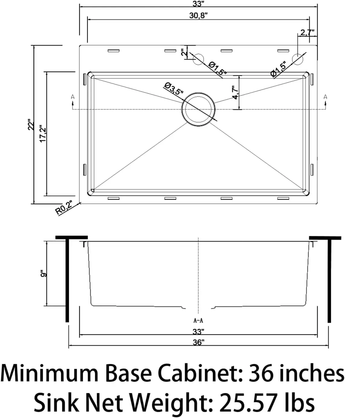 33"" X 22"" X 9"" Drop In Single Bowl Kitchen Sink With 18 Gauge 304 Stainless Steel Black Finish Ht3322S-9-B (Sink Only) 5