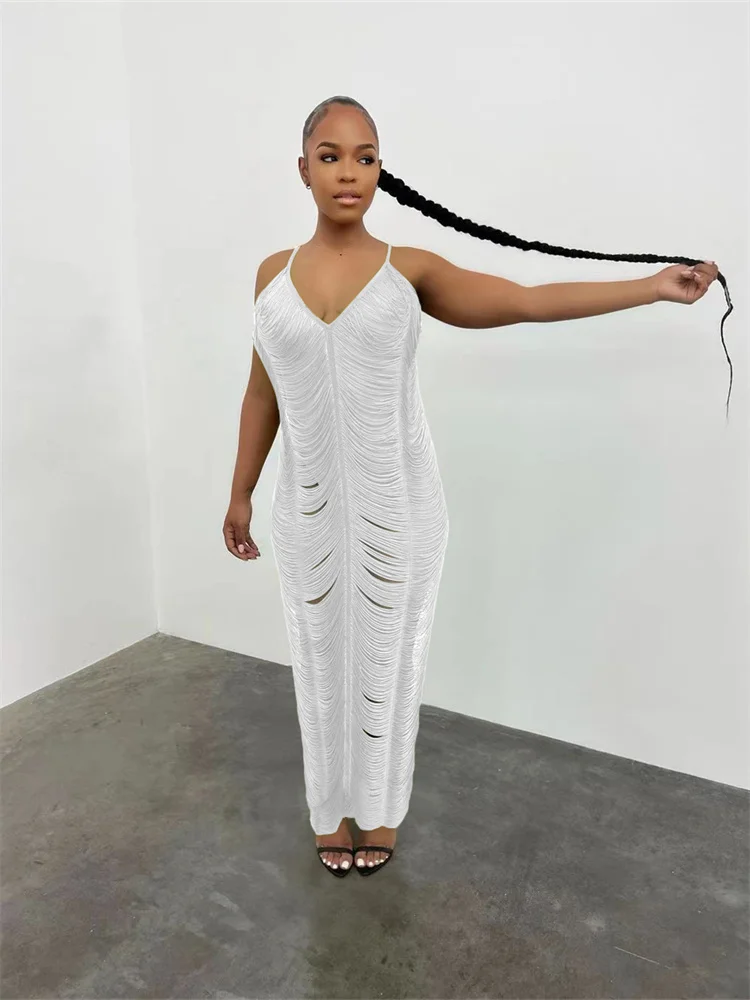 Wmstar Women Dress Summer Sexy Halter Hollow Out Knit Sleeveless Long Beach Bodycon Cut out V Neck Evening Party Outfit Dresses