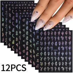 Exquisite 3D Gold Floral Leaf Nail Art Stickers - Metallic Self - Adhesive Decals for DIY Retro Manicure Decor (12 Pieces) (Pink silver)