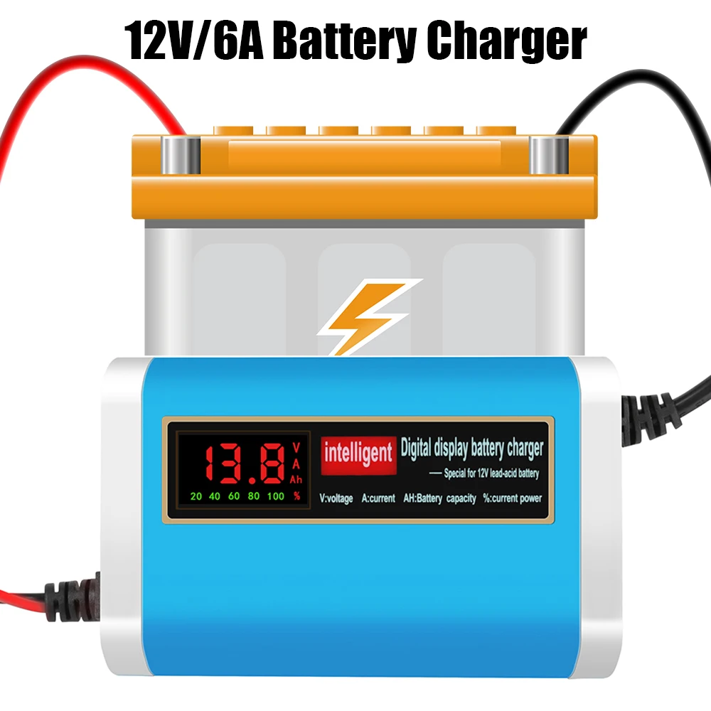 

Свинцово-кислотная батарея для автомобильных аксессуаров, зарядное устройство для автомобильного аккумулятора, 12 В, 6 А, ЕС, 220 В, США, 110 В, яркий дисплей, для мотоцикла, грузовика, внедорожника, 20 Ач-80 Ач
