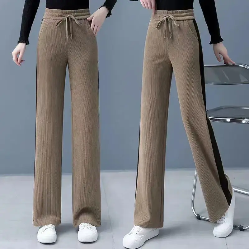 Semplicità All-match Autunno Inverno Pantaloni Donna Coulisse Tasca a contrasto di colore Elastico a vita alta Pantaloni dritti slim casual 4