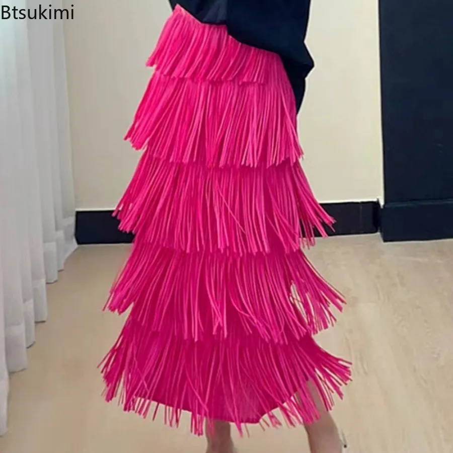 New 2024 Women's Sweet A-line Skirt Solid Tassel Design Elastic Waist Club Party Long Skirts for Women Pleated Mid-length Skirt