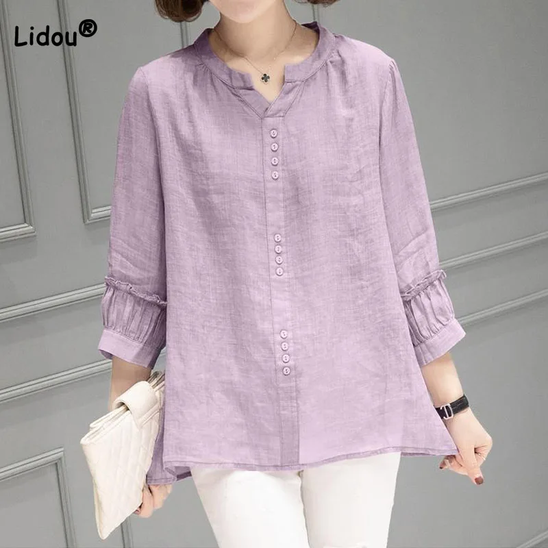 

Casual All-match Solid Color 3/4 Sleeve Shirt for Female Summer Women's Clothing Fashion Round Neck Loose Button Spliced Blouse