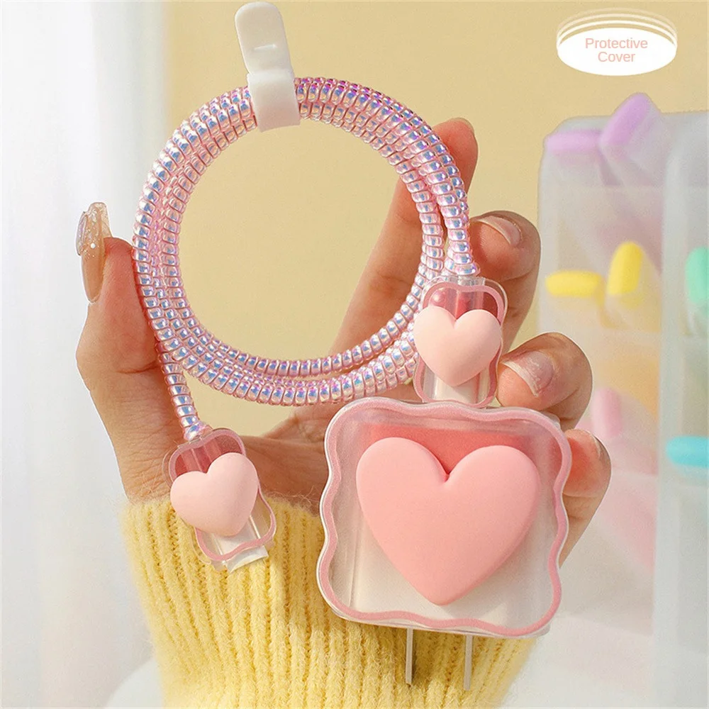 6PCS 3D love heart silicone charger cable protector case storage bag for iPhone