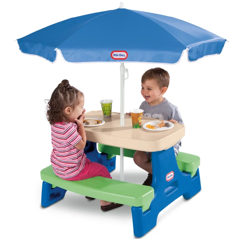 

Little Tikes Easy Store Jr. Picnic Table with Umbrella, Blue & Green - Play Table and chair set for kids