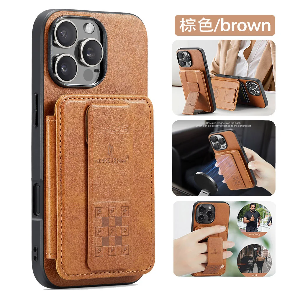 Leather Wallet Card Holder Case with Foldable Hand Band & Magnetic Ring Stand