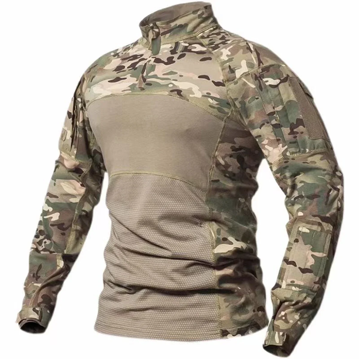 Tactical Shirt Outdoor Tactical Shirts Men Long Sleeve Tops Combat Shirt Camo 1/4 Zipper Ripstop Elasticity Hiking T-shirts Hunting Clothes