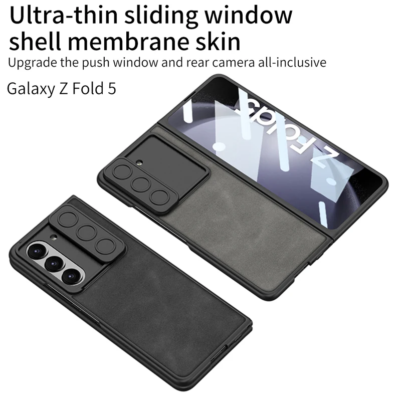 For Samsung Galaxy Z Fold 5 Case Ultra-thin Sliding Push Window Matte Plain Leather Cover With Tempered Glass for Z Fold5 GKK