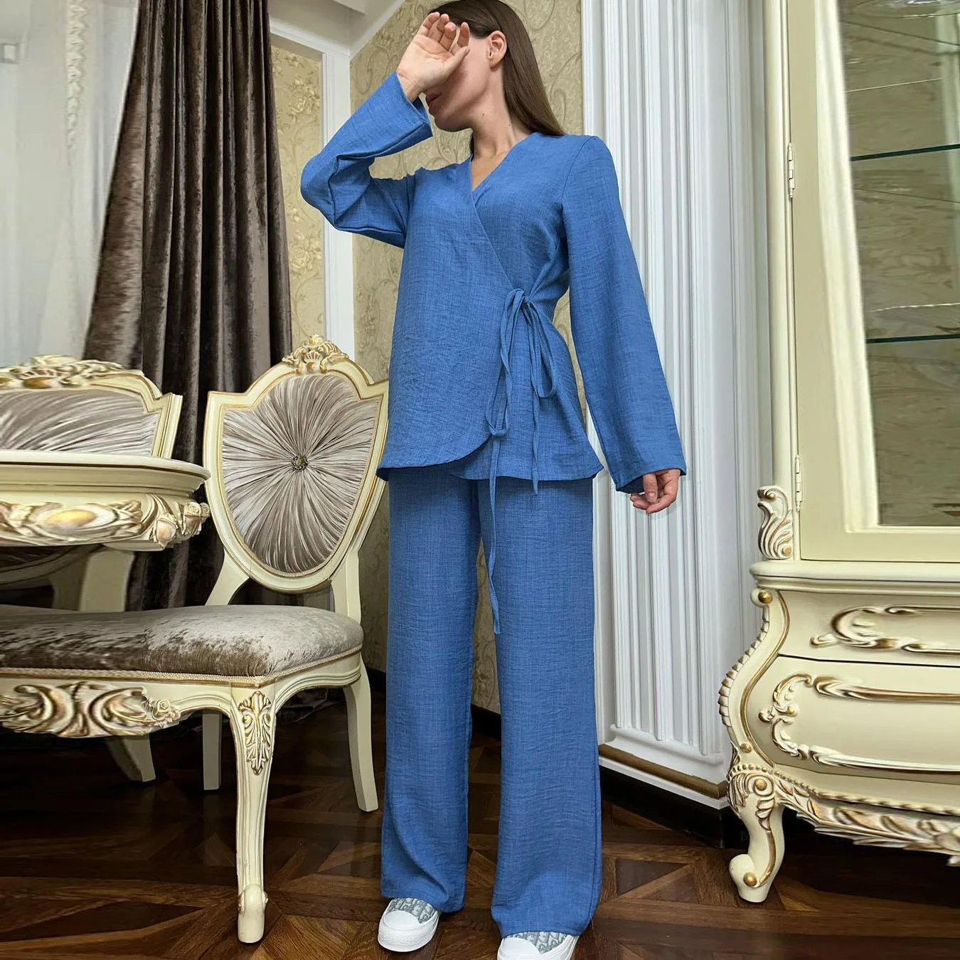 

Middle Eastern Muslim Women's Sets 2023 Autumn New Fashion Long Sleeve Lace Up Cardigan Shirt and Pants Set