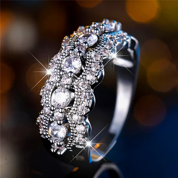 Female Luxury Small White Zircon Stone Finger Ring Vintage Silver Color Wedding Band Bridal Jewelry For Women