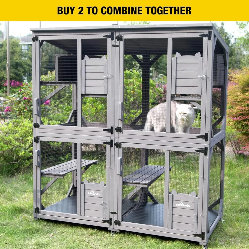Cat House Outdoor Catio Cat Enclosures on Wheels70.9 Kitty House with Upgraded Resting Box,Waterproof Roof