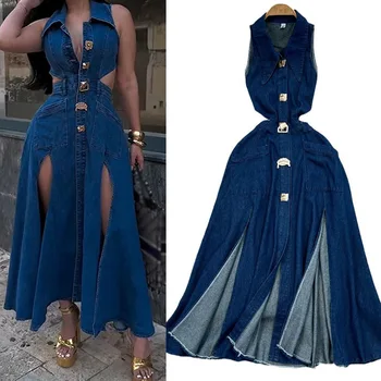 Denim Dress Women Long Dresses High Waist A Line Vestidos Turn Down Collar Sleeveless Elegant Y2k Streetwear Mom Jeans Slim 2025 1