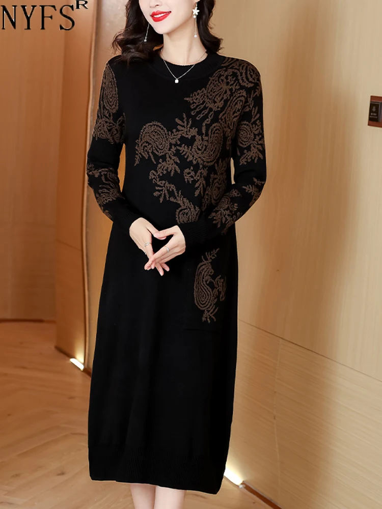

NYFS 2023 Winter New Vintage Women Sweater Dress Vestidos Robe Elbise Loose Plus Size Long Sleeve Print Thick knitting Dresses