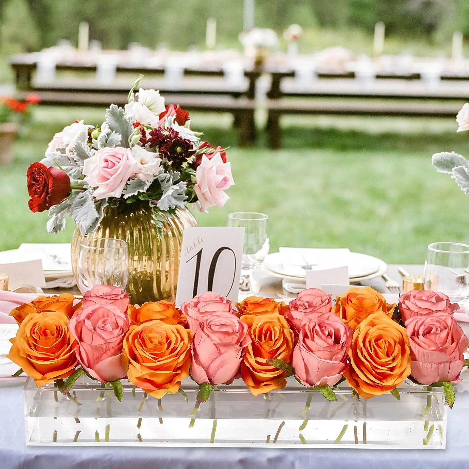 Clear Acrylic Flower Vase, Rectangular Floral Centerpiece, 16 Holes Long Flowers, Modern Vases for Home, Wedding, Dining Decor 3