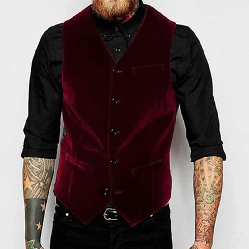 Burgundy Velvet Vest for Men Suit V Neck Single Breasted 1 Piece Casual Male Waistcoat New Fashion Coat 4