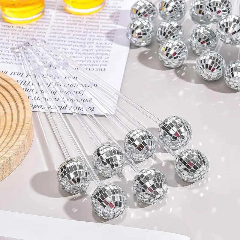 Cocktail Stir Sticks 10 Pcs Disco Balls Cocktail Stirrers Round Top Disco Stirring Sticks Mirror Ball Coffee Beverage Mixing Sticks For Bar Party