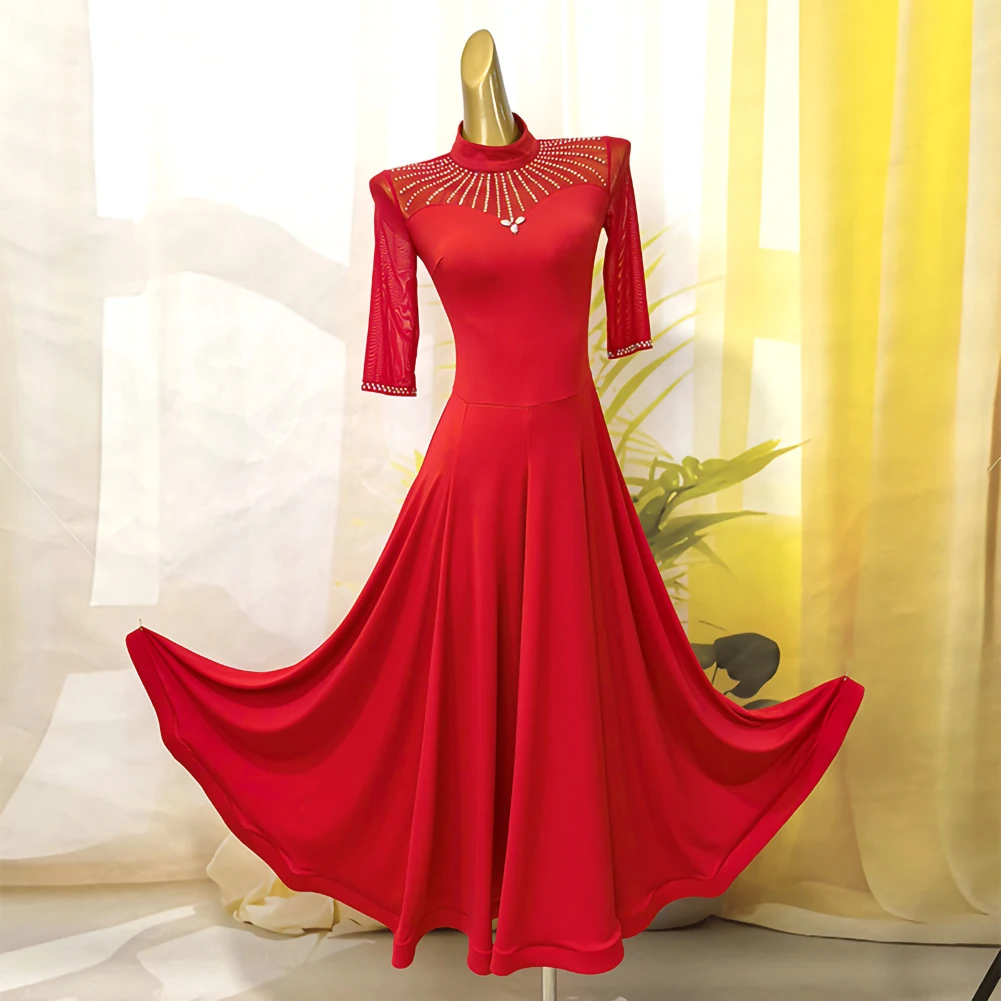 Middle Sleeve Ballroom Dance Competition Dress Red Costume for Build Light Purple New in Dresses Elegant Black Rhinestones