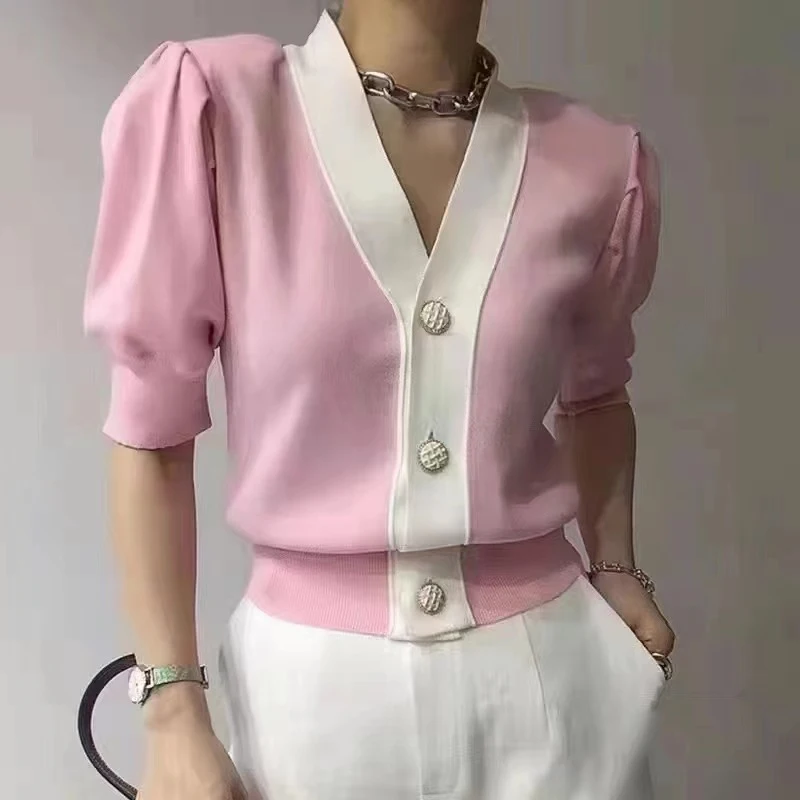 

New Fashion Korean V Neck Knitted Cardigan Elegant Top Clothes Women Puff Short Sleeve Summer Blouse Ice Silk Knitwear 28449