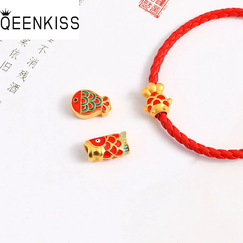 

QEENKISS 24KT Gold Fish Carp Beads Charm For DIY Bracelet Making For Girl Children Jewelry Accessories Bulk Wholesale AC546