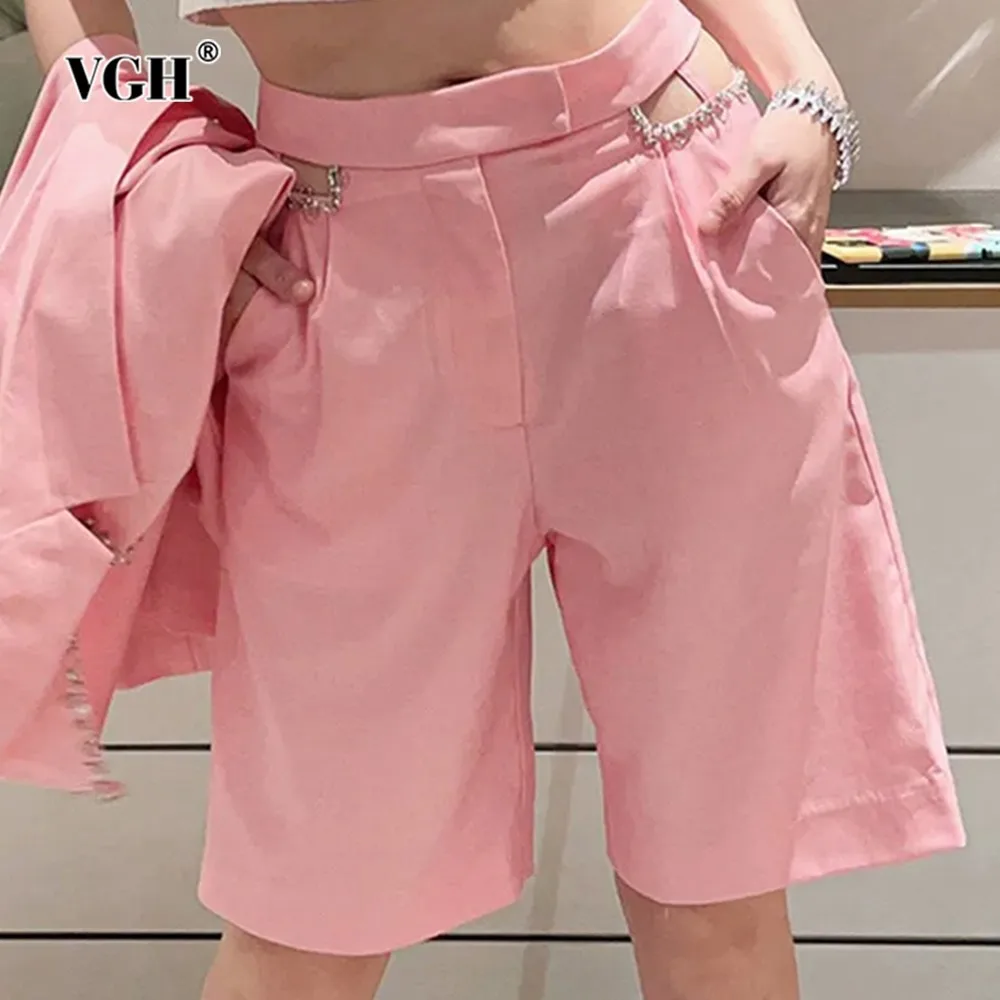 

VGH Solid Hollow Out Patchwork Diamonds Casaul Shorts For Women High Waist Minimalist Loose Short Pants Female Fashion Style New