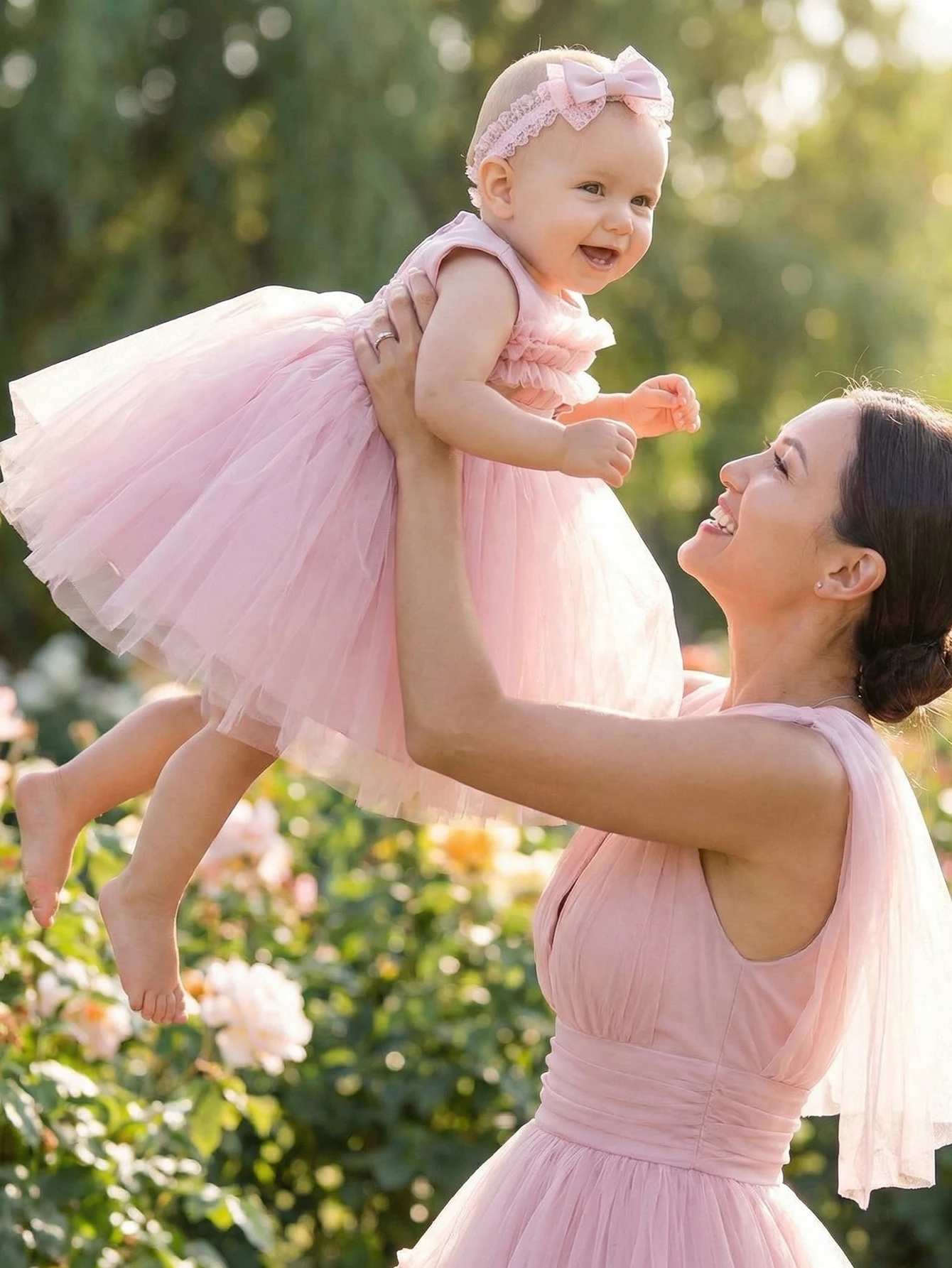 Elegant Pink Floral Baby Dress with Tulle & Matching Hairband