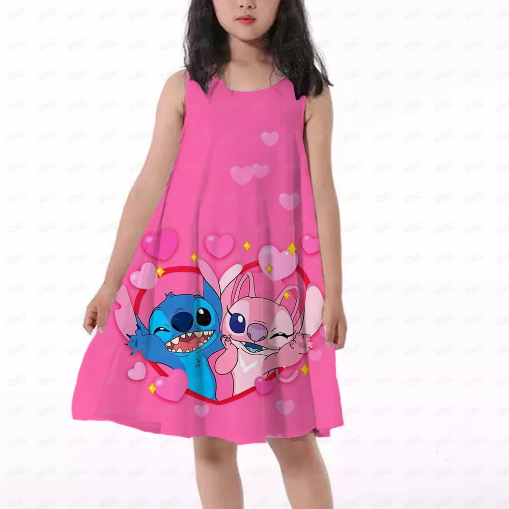 MINISO Disney Stitch Princess Party Dress Up For Girls Tshirt Sress Kids Stich Cartoon Fashion Casual Clothing Princess Dress