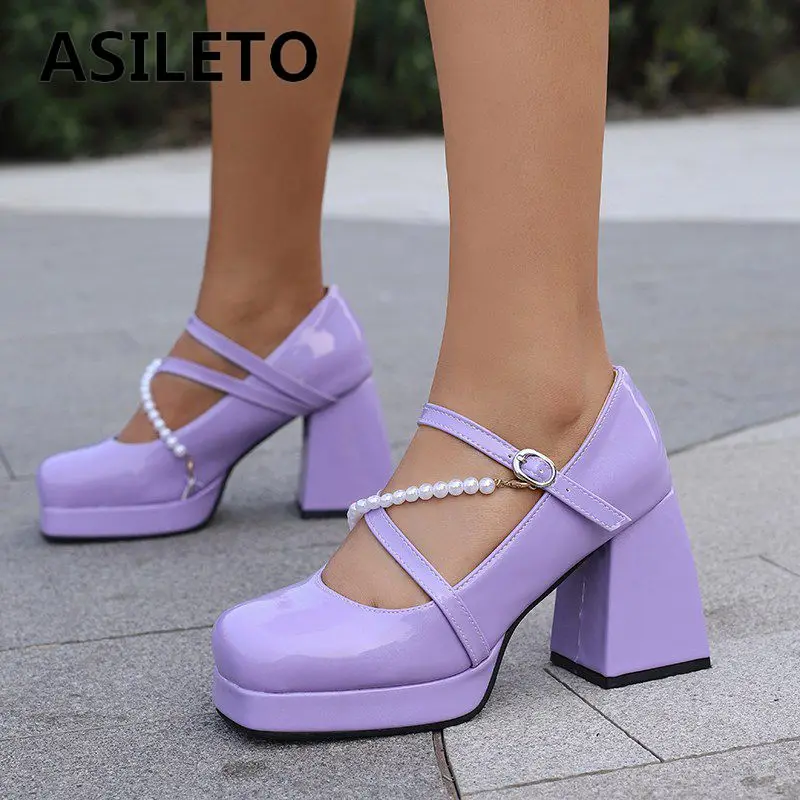 

ASILETO Design Women Pumps Square Toe Chunky Heels 9.5cm Platform 2cm Crossover Strap String Beads Big Size 47 48 Party Shoes