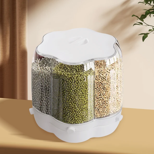 Contenitore per dispenser di cereali da banco per farina alimentare, snack, display 360 ° Contenitore per alimenti a 6 griglie con serbatoio rotante per alimenti secchi 4