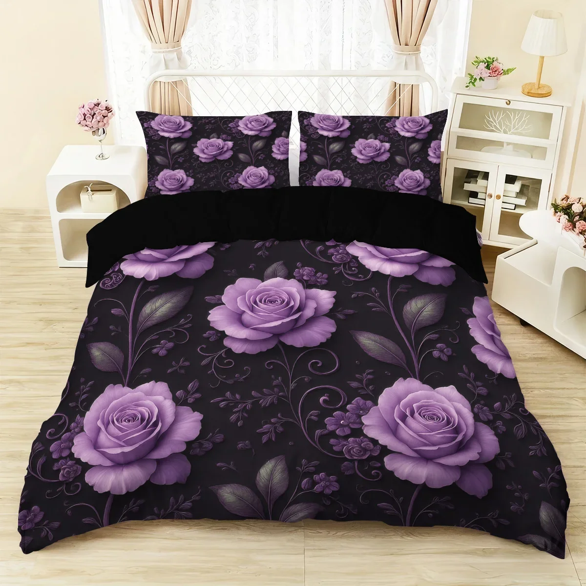 3pcs purple rose heart patterned duvet cover set, 1 duvet cover+2 pillowcases, coreless. Soft and comfortable bedding set