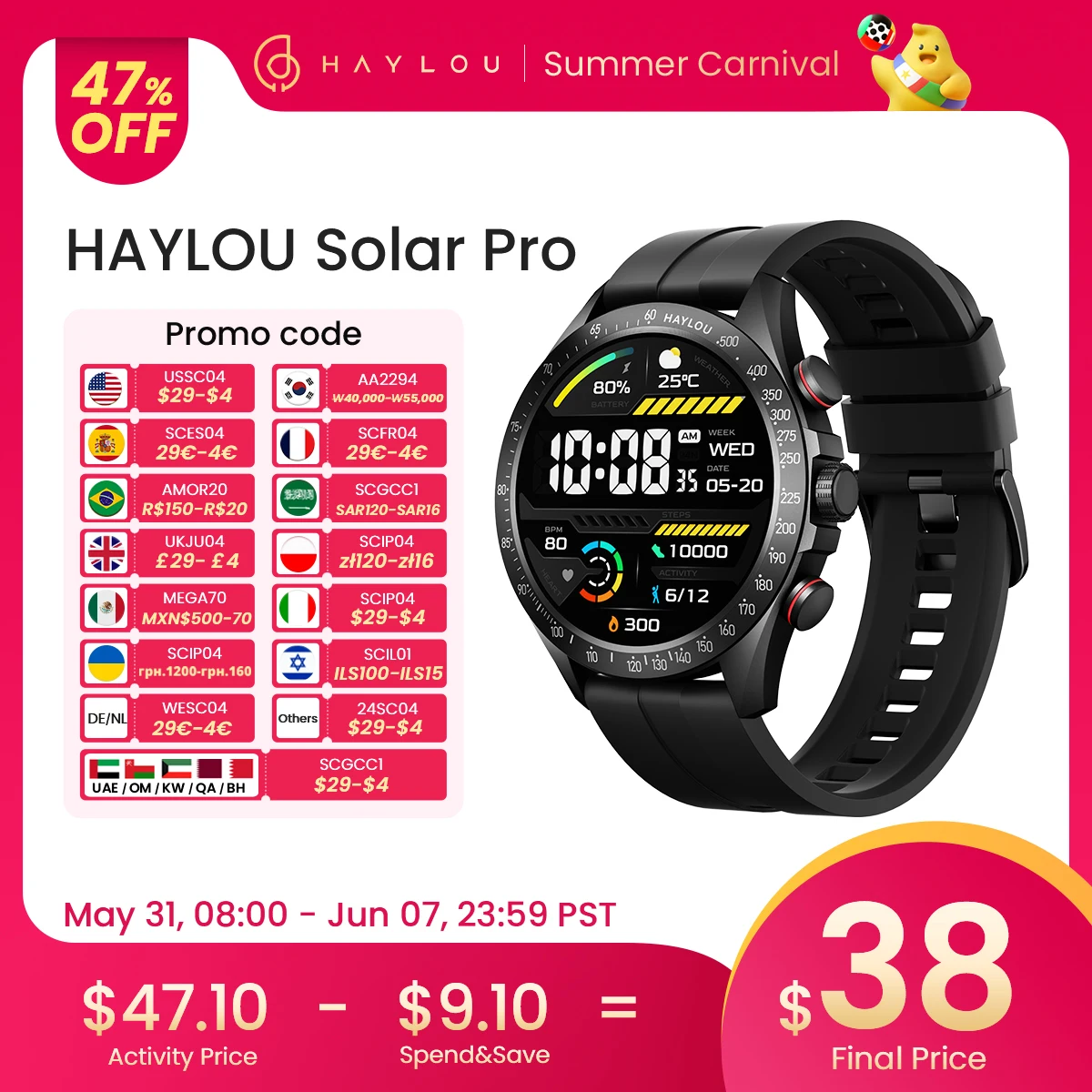 HAYLOU Solar Pro Smart Watch 1.43"AMOLED Display Bluetooth Phone Call & Voice Assistant Mulitary-grade Toughness Watch