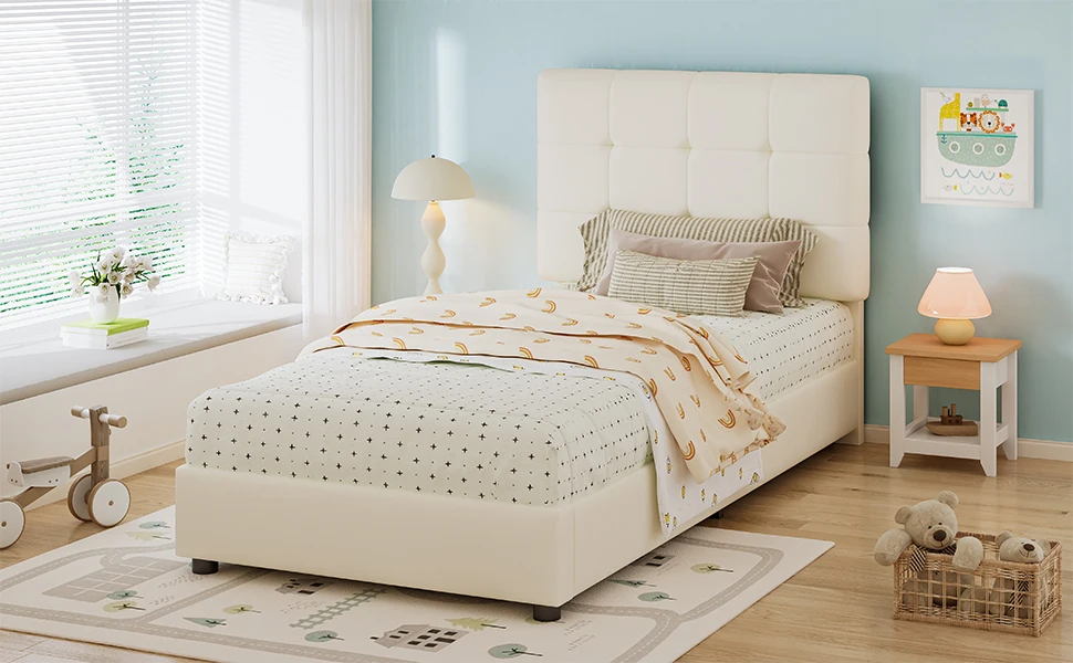 Gepolstertes Bett, Einzelbett, Kinderbett, weiches Kopfteil und Rückenlehne mit Anti-Kollisions-Schaumstoffkante, keksförmiges Kopfteil – Detail 7