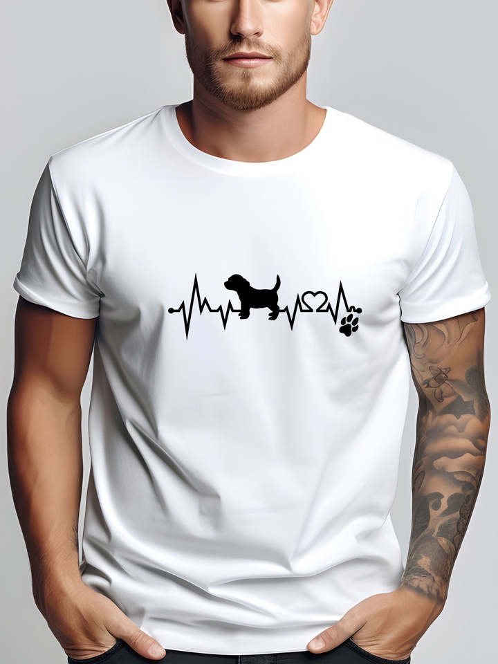 Men's summer 100 cotton fashionable casual loose dog and paw print heartbeat design printed round neck short sleeved T-shirt top