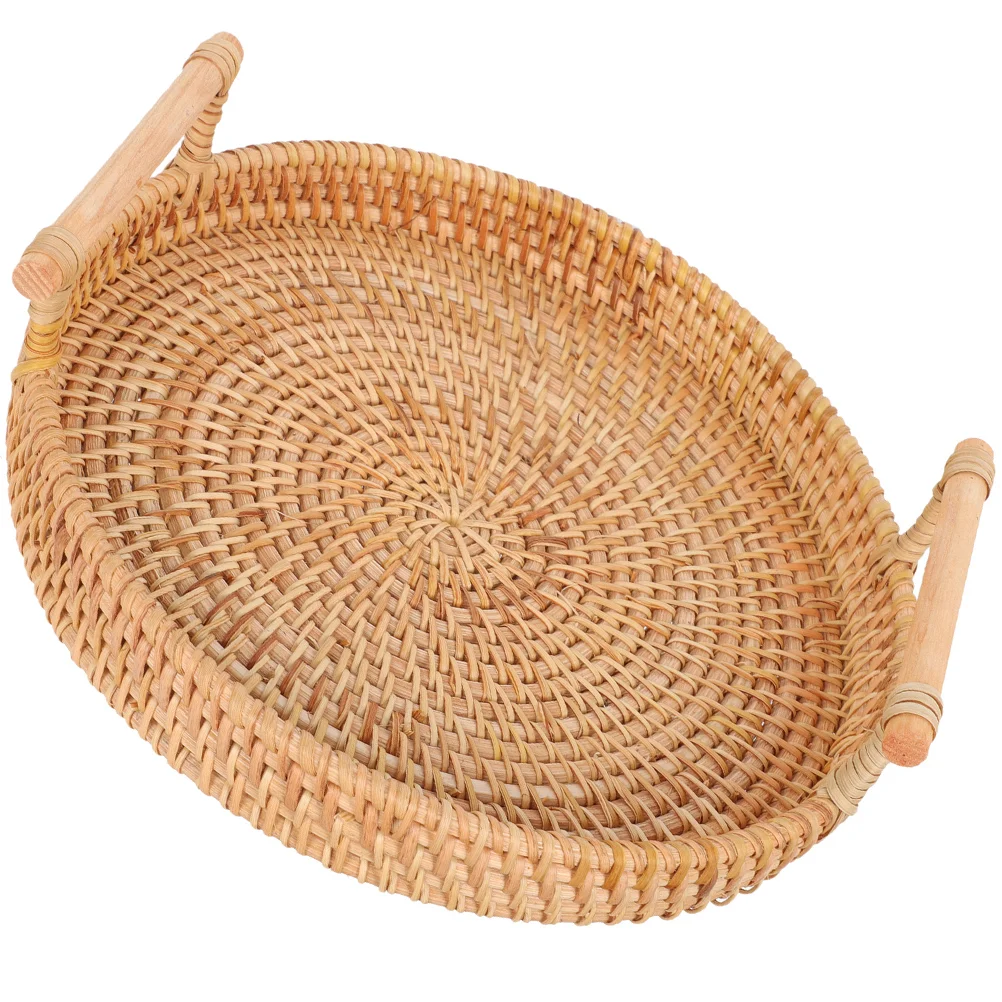 

Round Wicker Tray with Handles Woven Bread Fruit Snacks Tray Coffee Table Serving Tray
