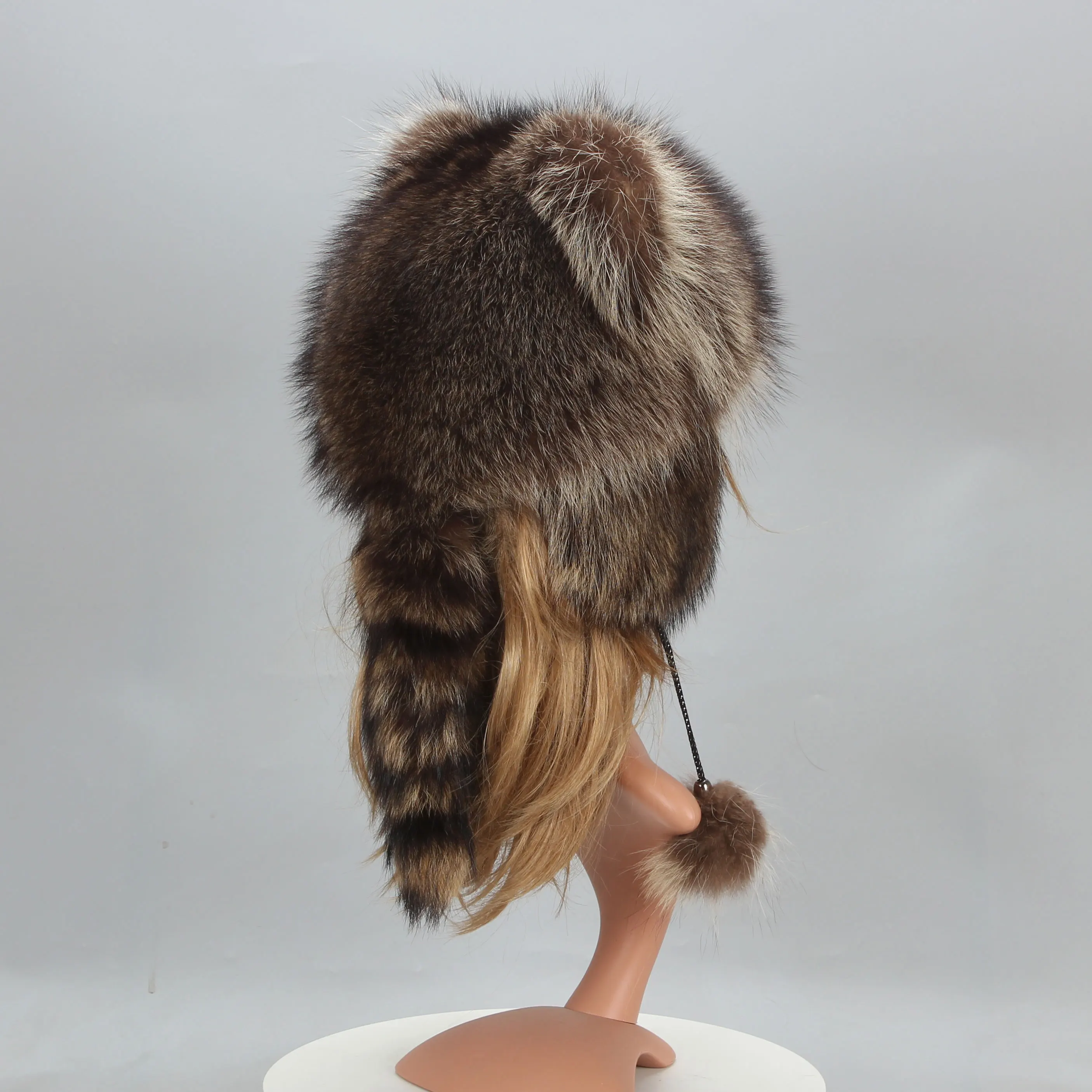 Fur Hat Winter Raccoon Fur Bomber Hat Cat Ears Balls Trapper Hat Women Girls Outdoor Snow Earflap
