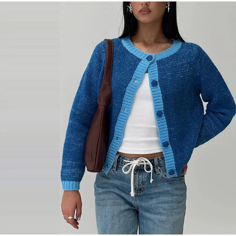 Casual Knitted Single-Breasted Cardigan Women Loose Contrast Color O-neck Pullover Sweaters Female Autumn Chic Street Tops
