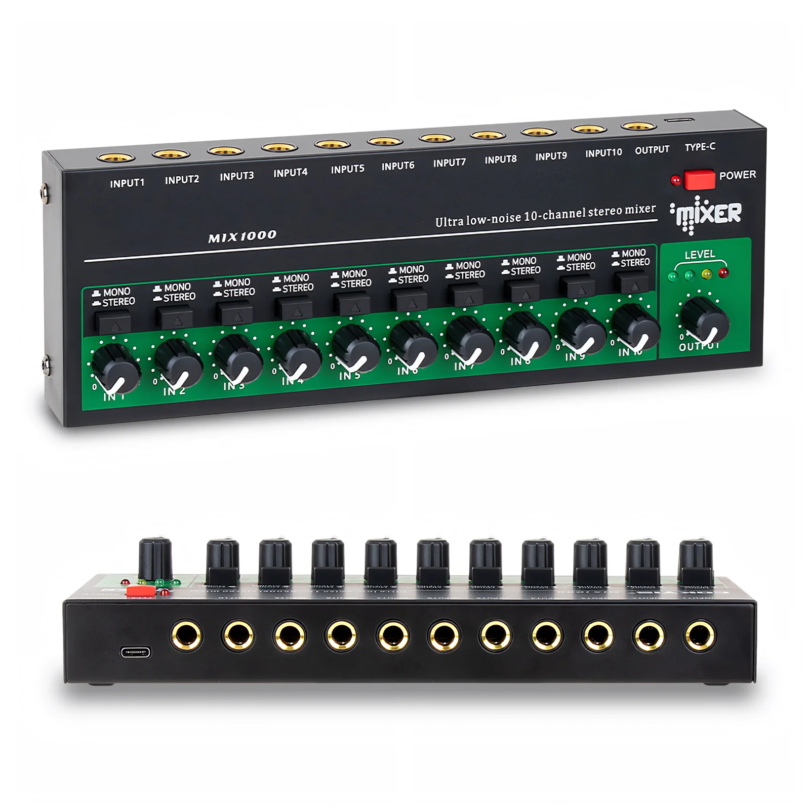 Audio Mixer Audio Processor 10 Channels Audio Mixer Portable Ultra Low Noise Stereo Mono Line Mixer 6.35MM Input Audio Processor for Guitar Bass Keyboard
