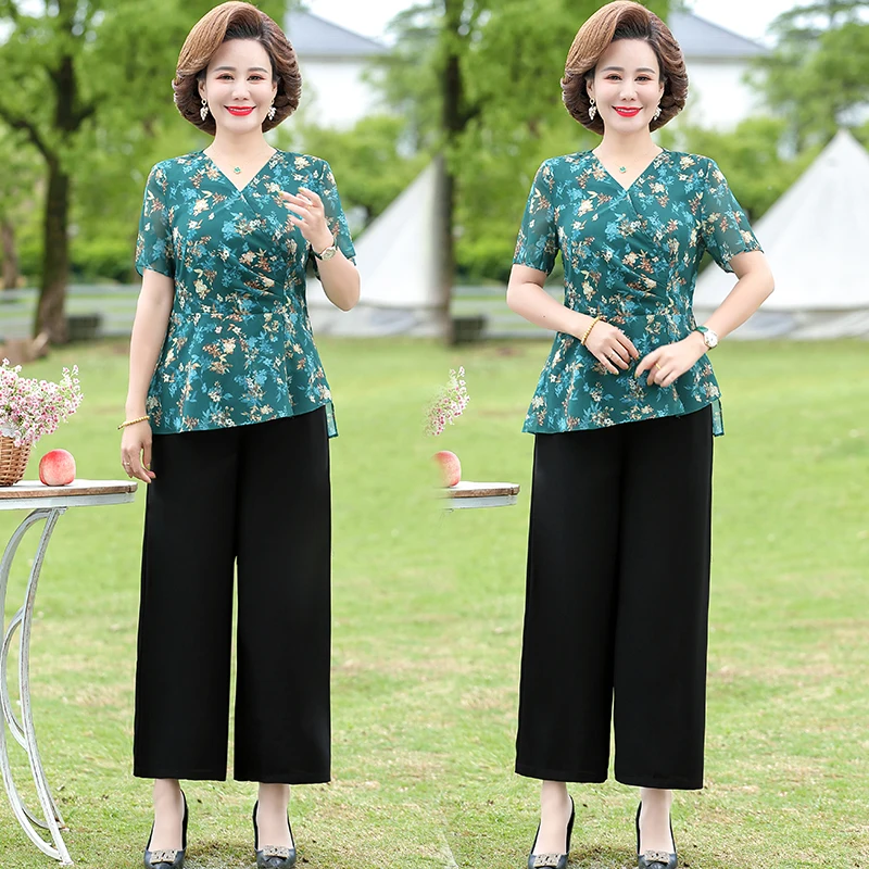 

2022 New Summer Middle Aged Women Fashion Tracksuit Slim Two Piece O Neck Causal Mother Suit Wide Leg Pants Set