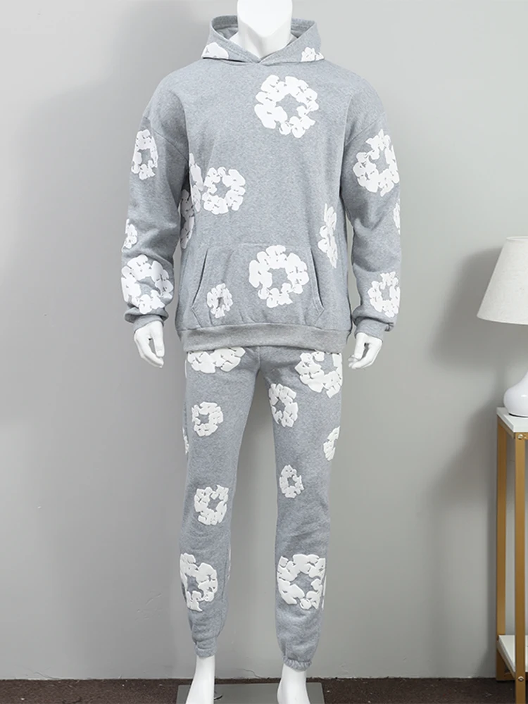 Hooded Sweatshirts Men Flower Printed Hoodie Sweatpants 2 Piece Set Long Sleeve Pullover Sweatershirt Suit Elastice Waist Trousers Outfits
